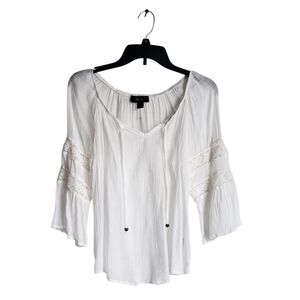 BCX White Peasant Blouse Bell Sleeves  Lace Trim - Small